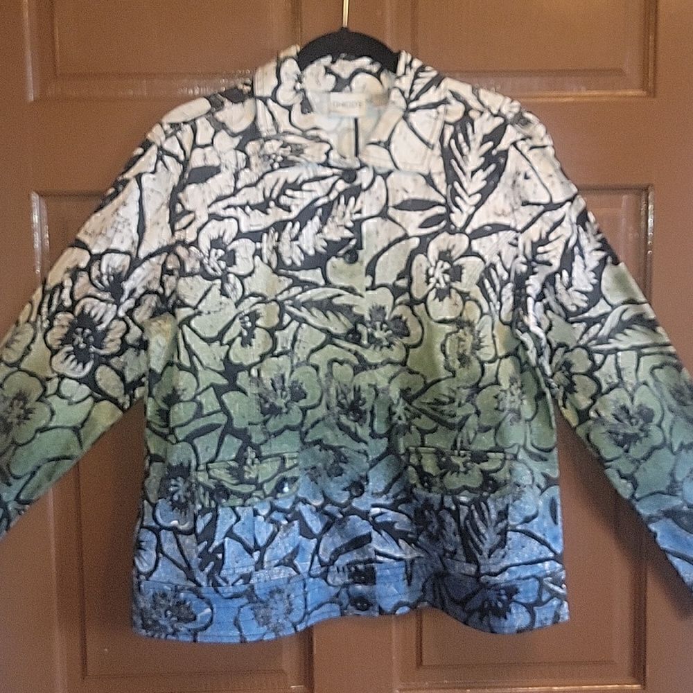 Chico's-Cotton/Spandex iv,olive, blue long sleeved collared jkt. 2=Large. NWOT.